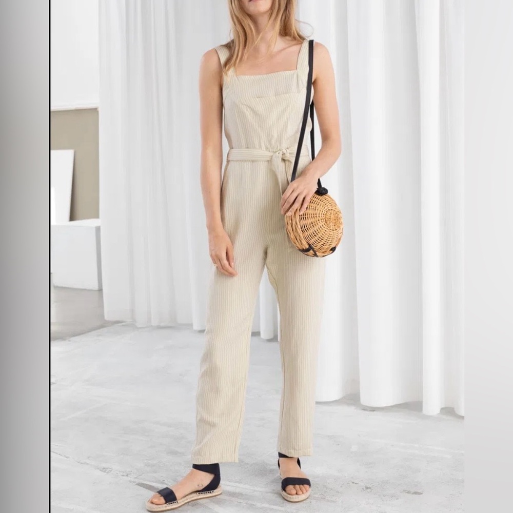 & Other Stories Linen Blend Jumpsuit Yellow Striped Wide Leg Size 8